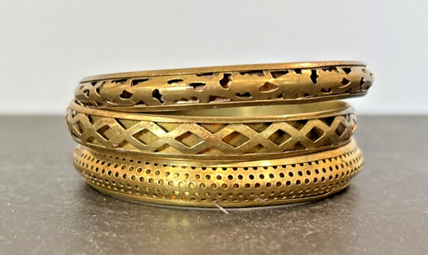 3 Brass/ Bronze Metal Bangle Bracelets w/ Pierced Patterns Designs Antique Look