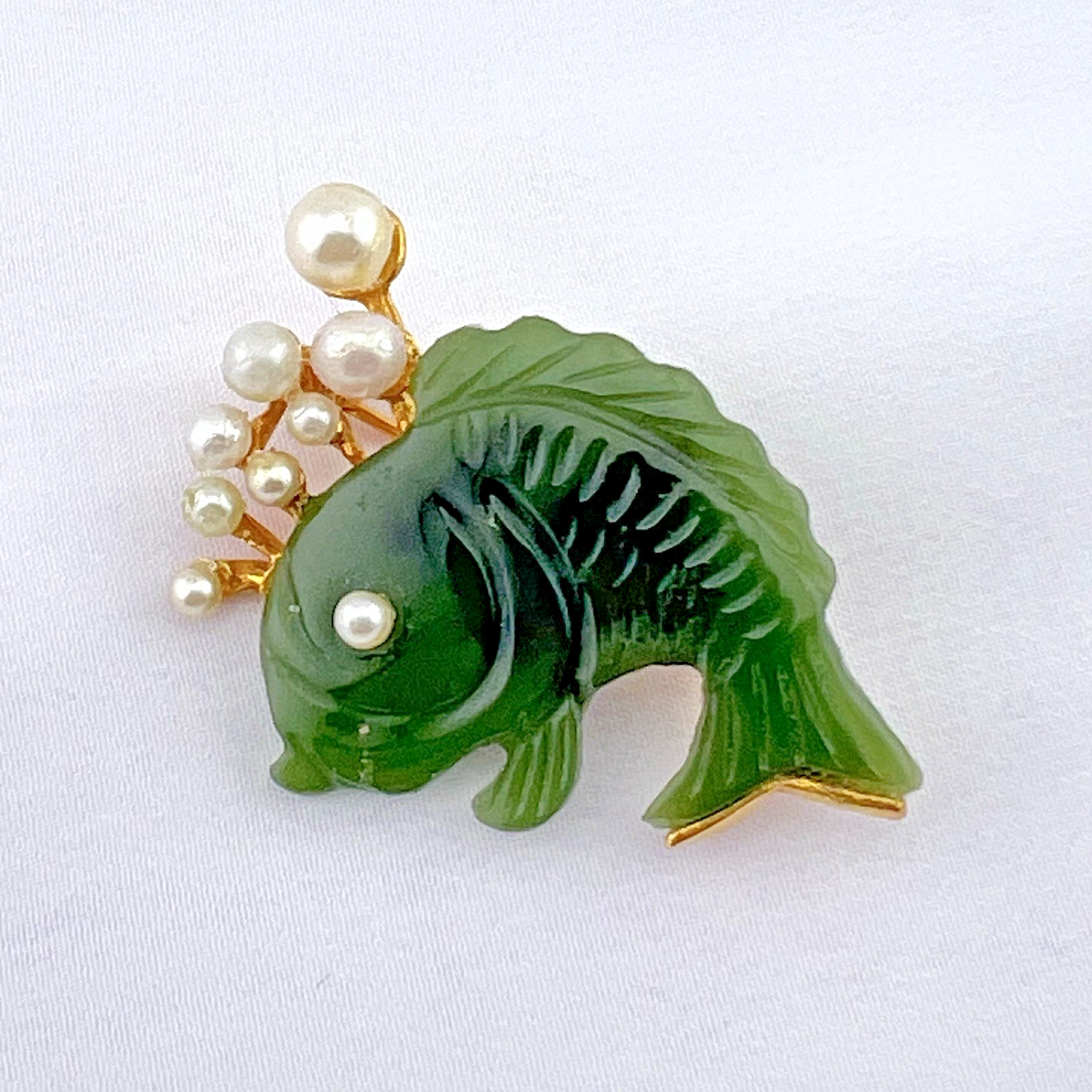 Vintage Swoboda Brooch Pin Jade Carved Fish Faux Pearl Bubble Gold Tone Estate