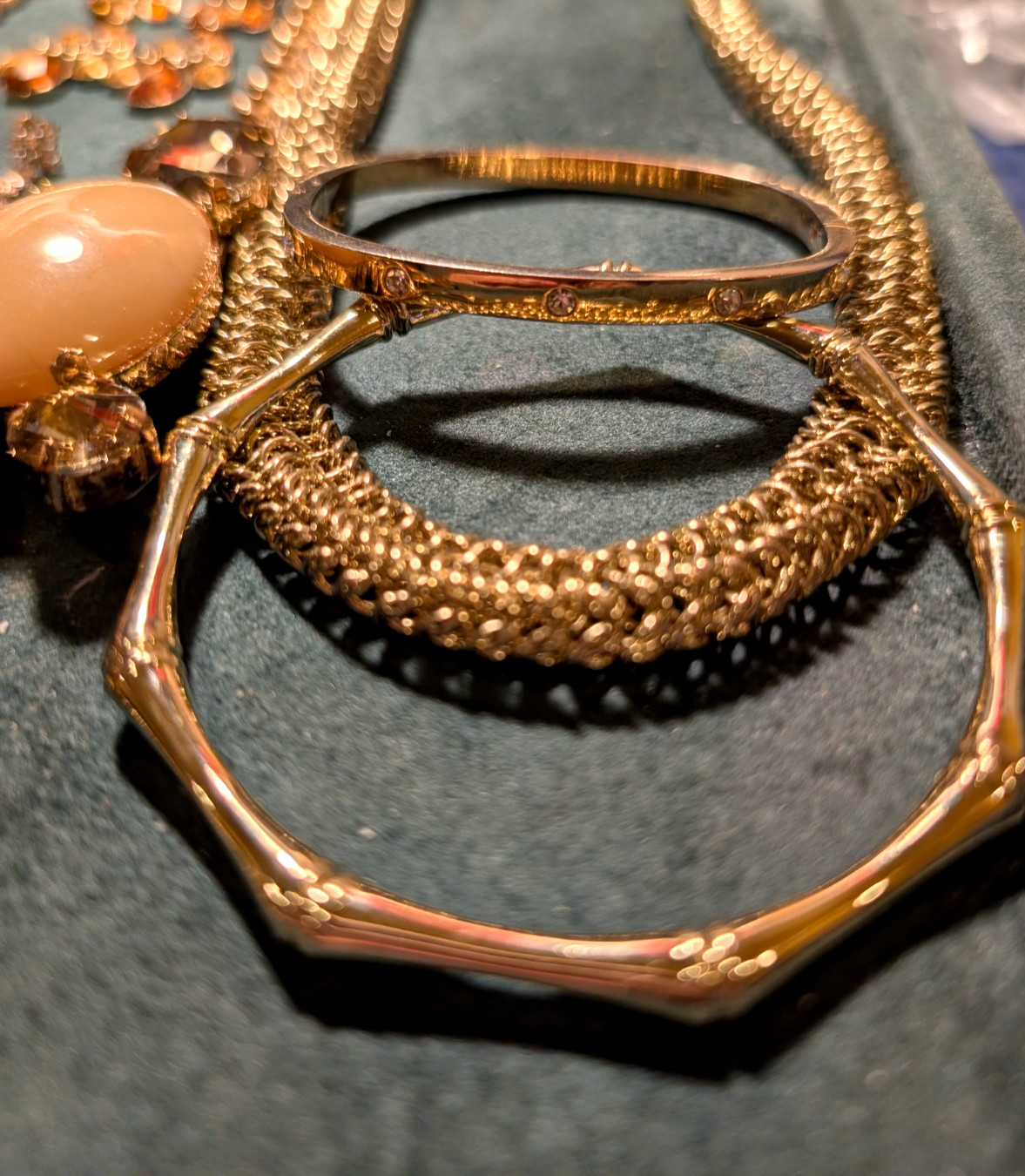 Gold Tone Lot Acrylic Cabochons & Crystal Teardrop Tassels Statement Necklace