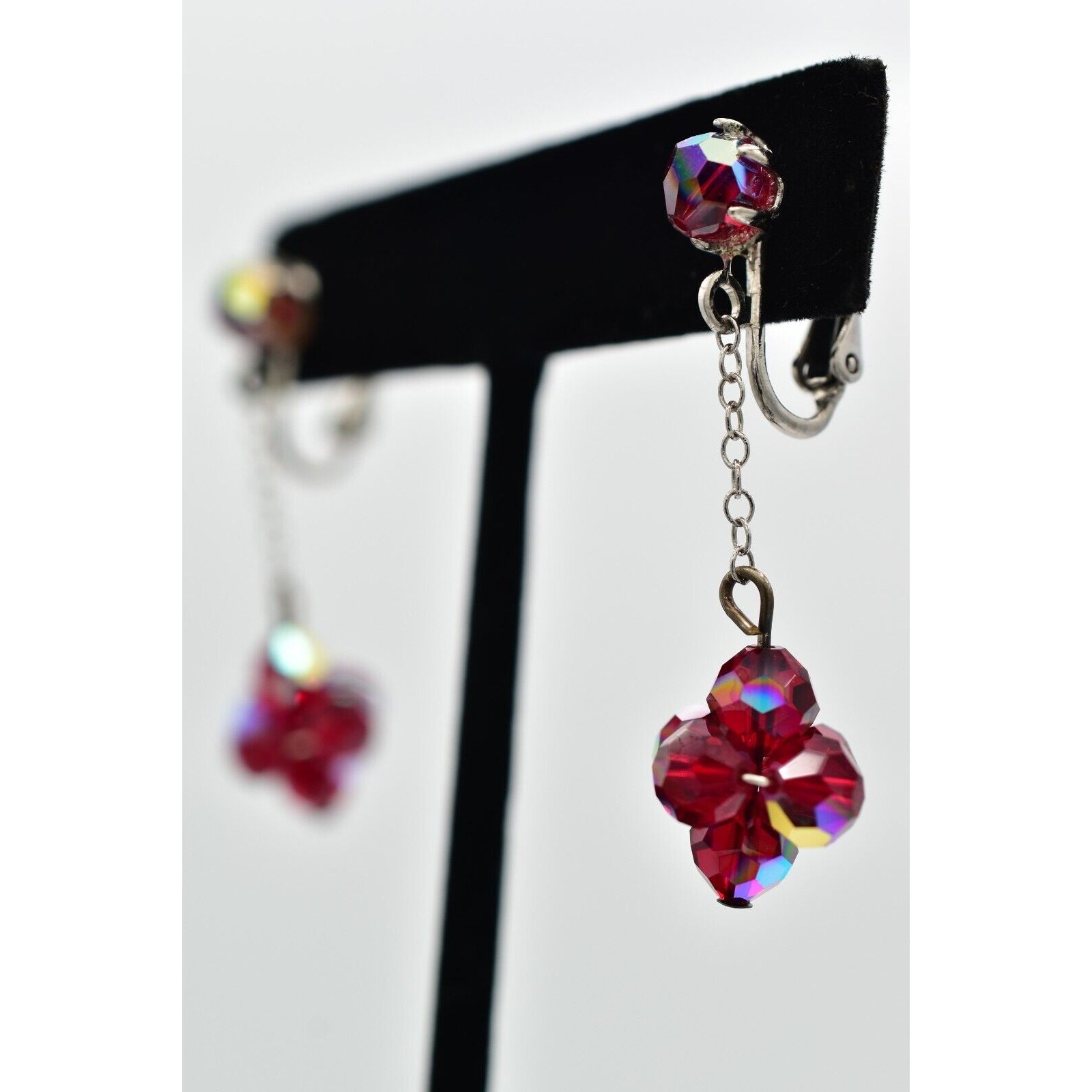 Vintage Red AB Crystal Clip On Earrings Dangle Drop Aurora Borealis 1950s A24