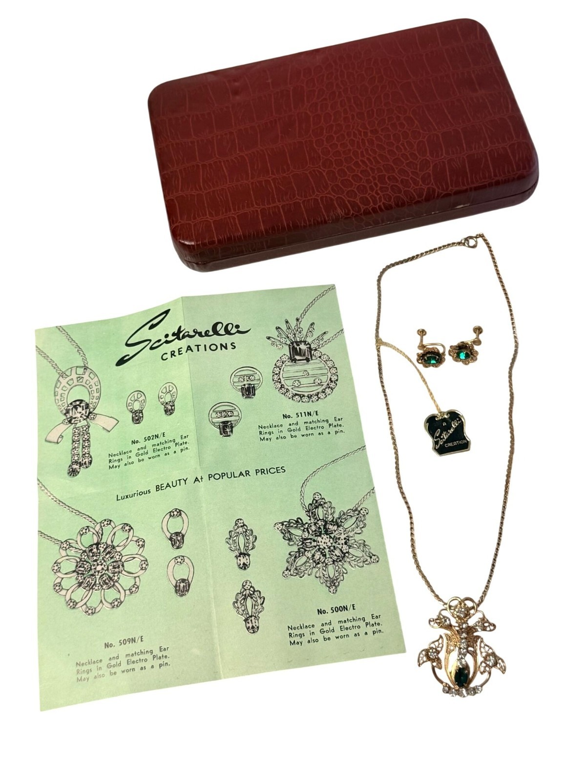 Vintage Gold Electroplate Scitarelli Creations Necklace Earrings Set w Tag & Box