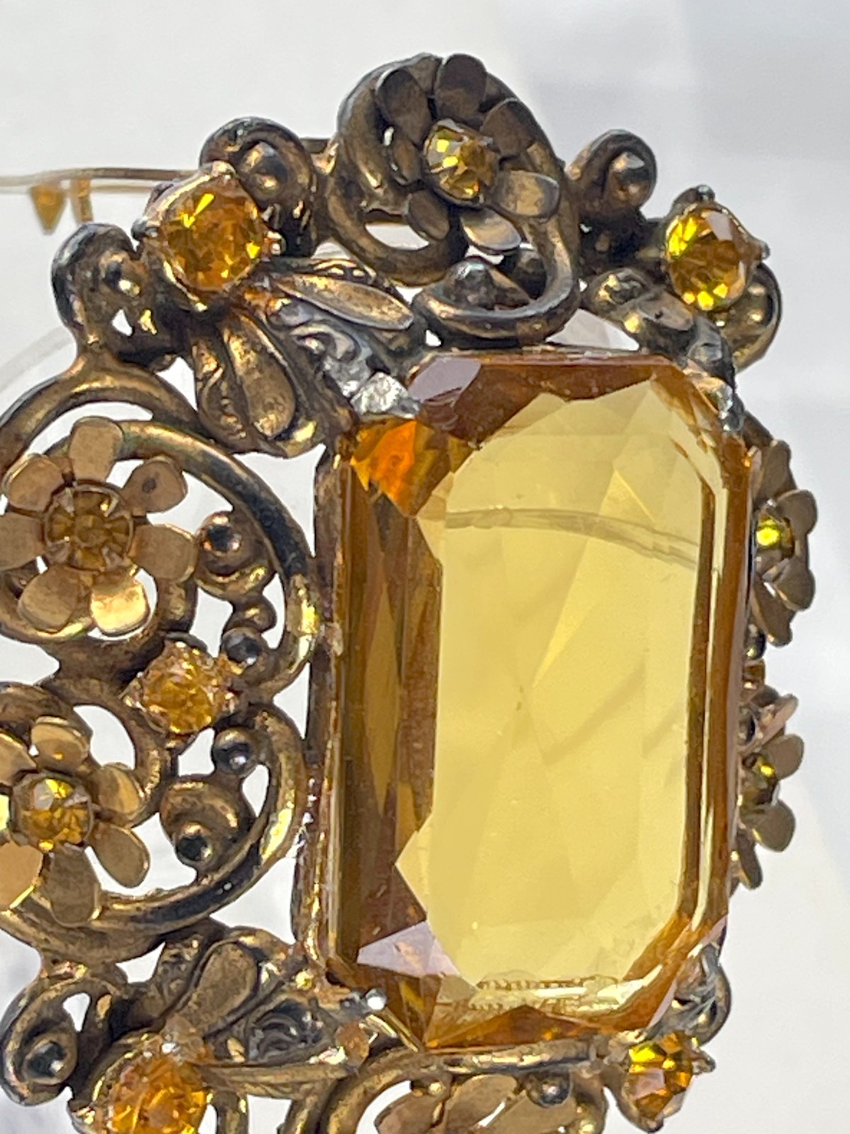 Victorian Clip Brooch | Massive Faux Citrine in Goldtone Metal – Astonishing!