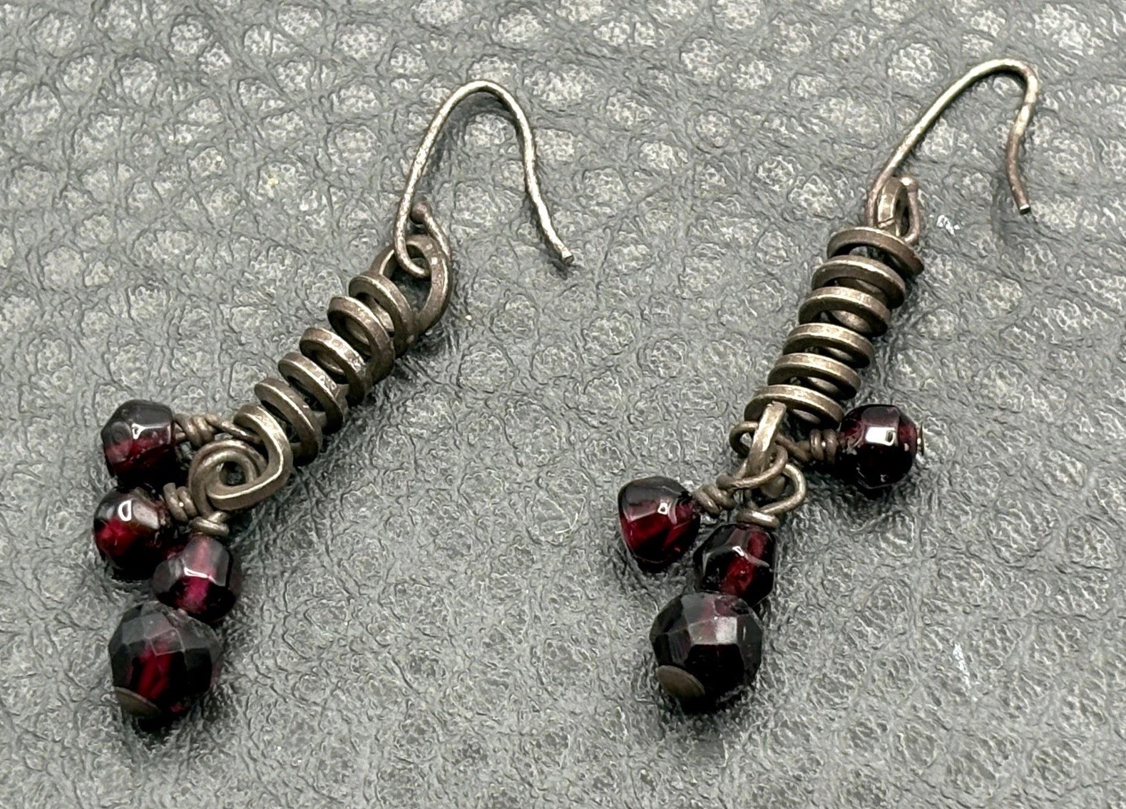 Rare Victorian Sterling Silver Bohemian Red Garnet Corkscrew Dangle Earrings