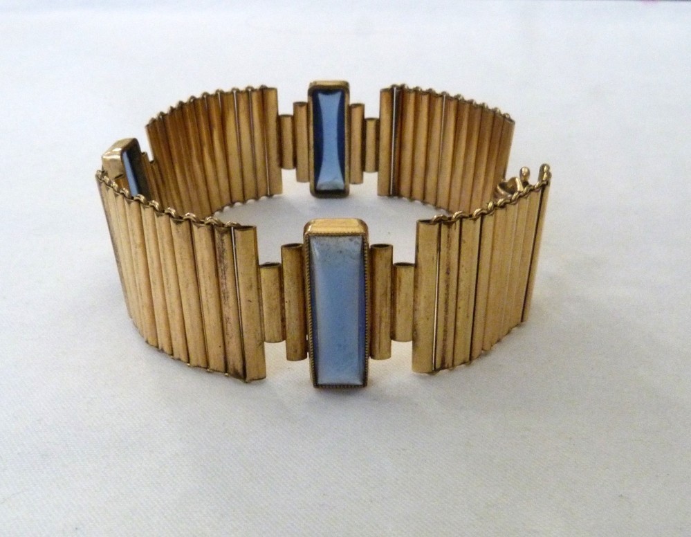 VTG KOLLMAR & JOURDAN ROLLED GOLD ART DECO LINKS SAPPHIRE BLUE GLASS BRACELET