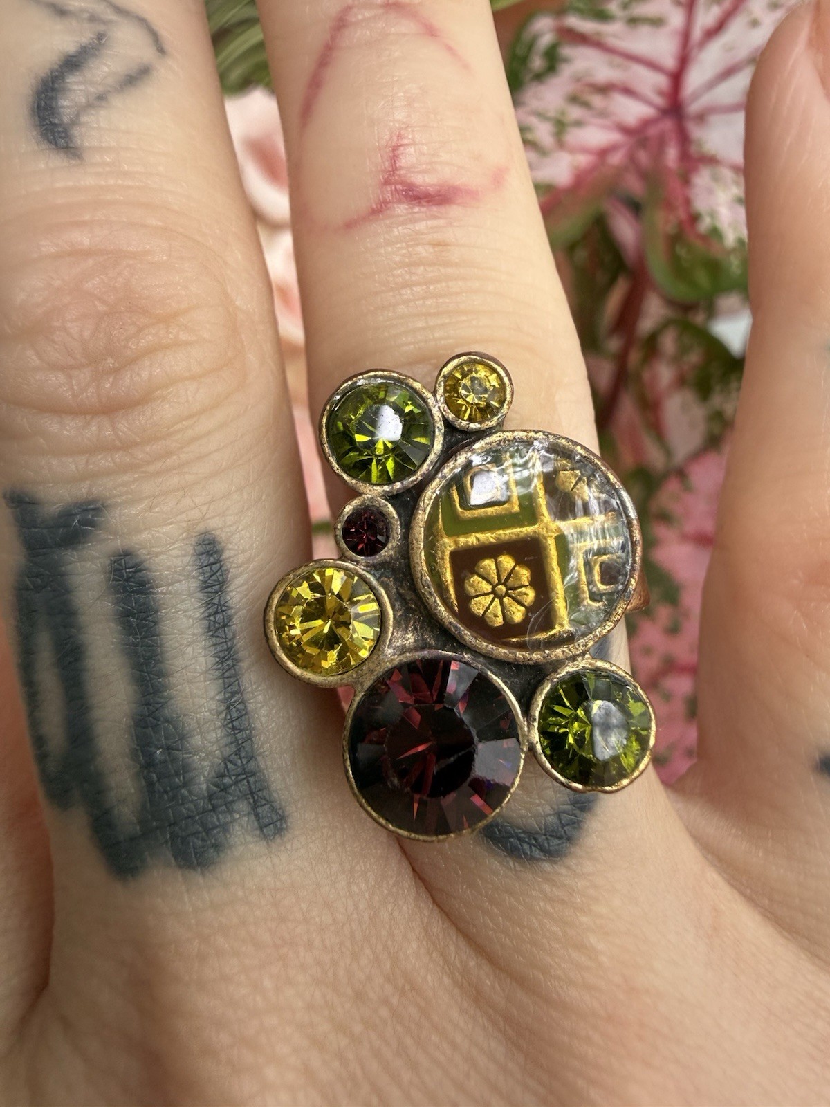 Vintage Pilgrim Multi stone Brass Ring Adjustable Band Green Red