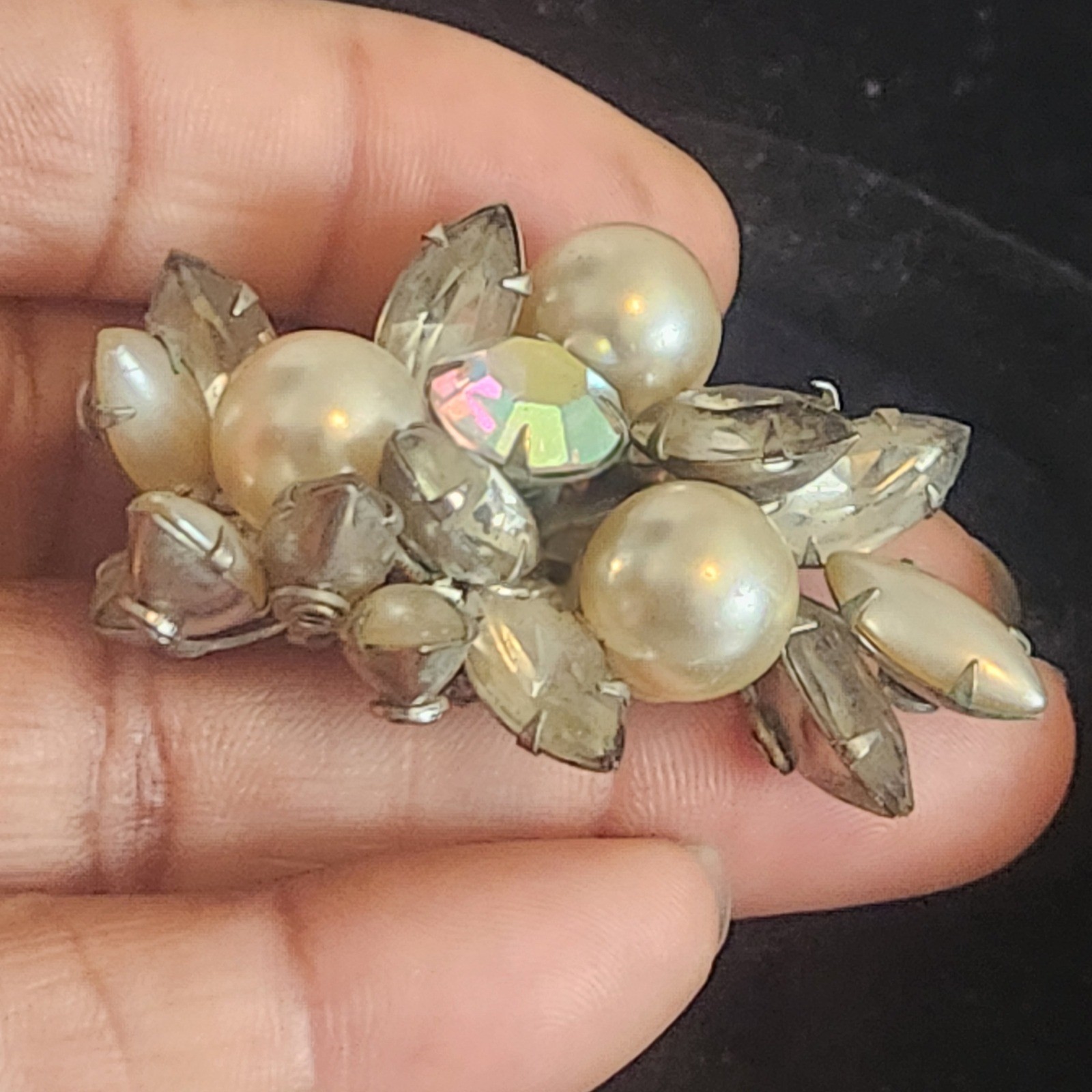 Vintage Aurora Borealis Rhinestone and Faux Pearl Cluster Clip On Earring Brooch
