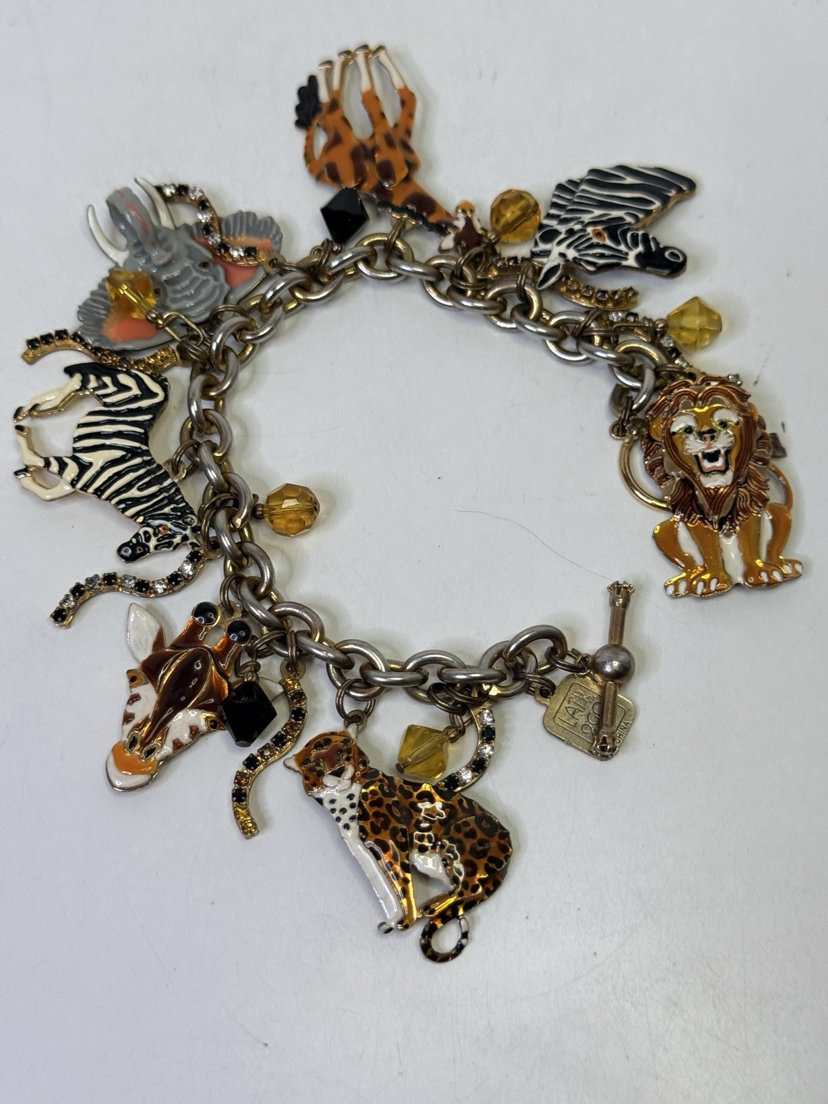Lunch at the Ritz Signed Charm Bracelet Enamel Zoo Animals Toggle & Loop READ