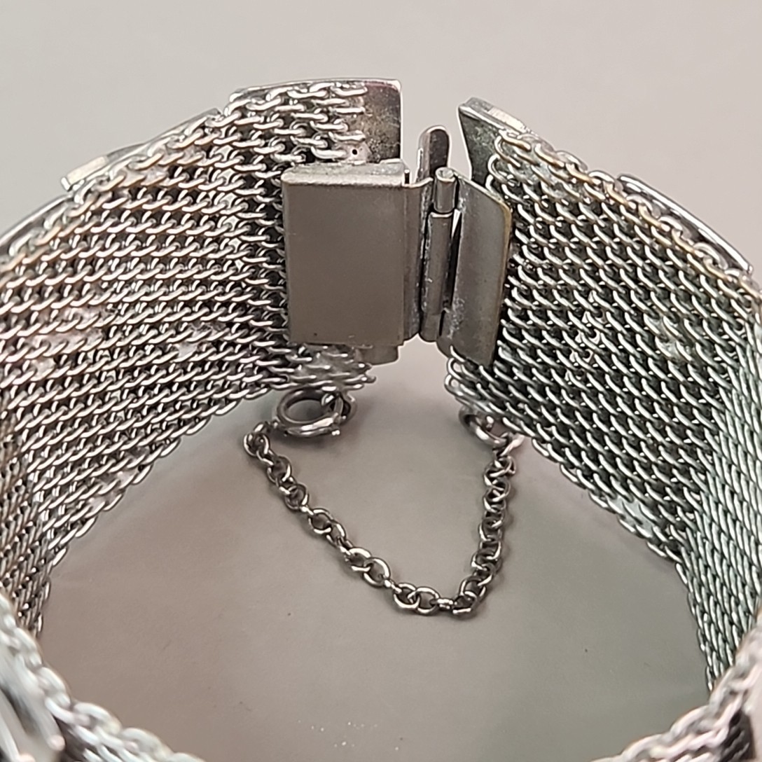Vintage Wide Mesh Bracelet Silver Tone Wavy Panels 6.5″