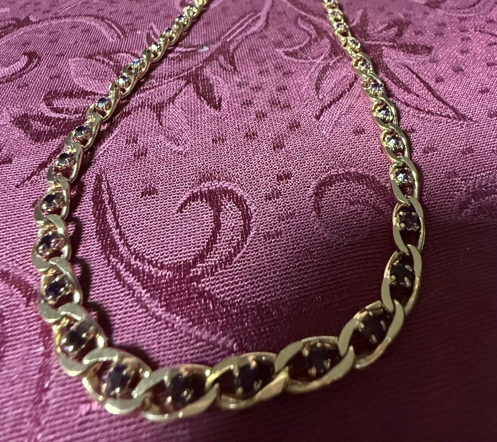 Vintage Givenchy Cuban Link Necklace Inlaid W/ A Dark Purple Stone Between Links