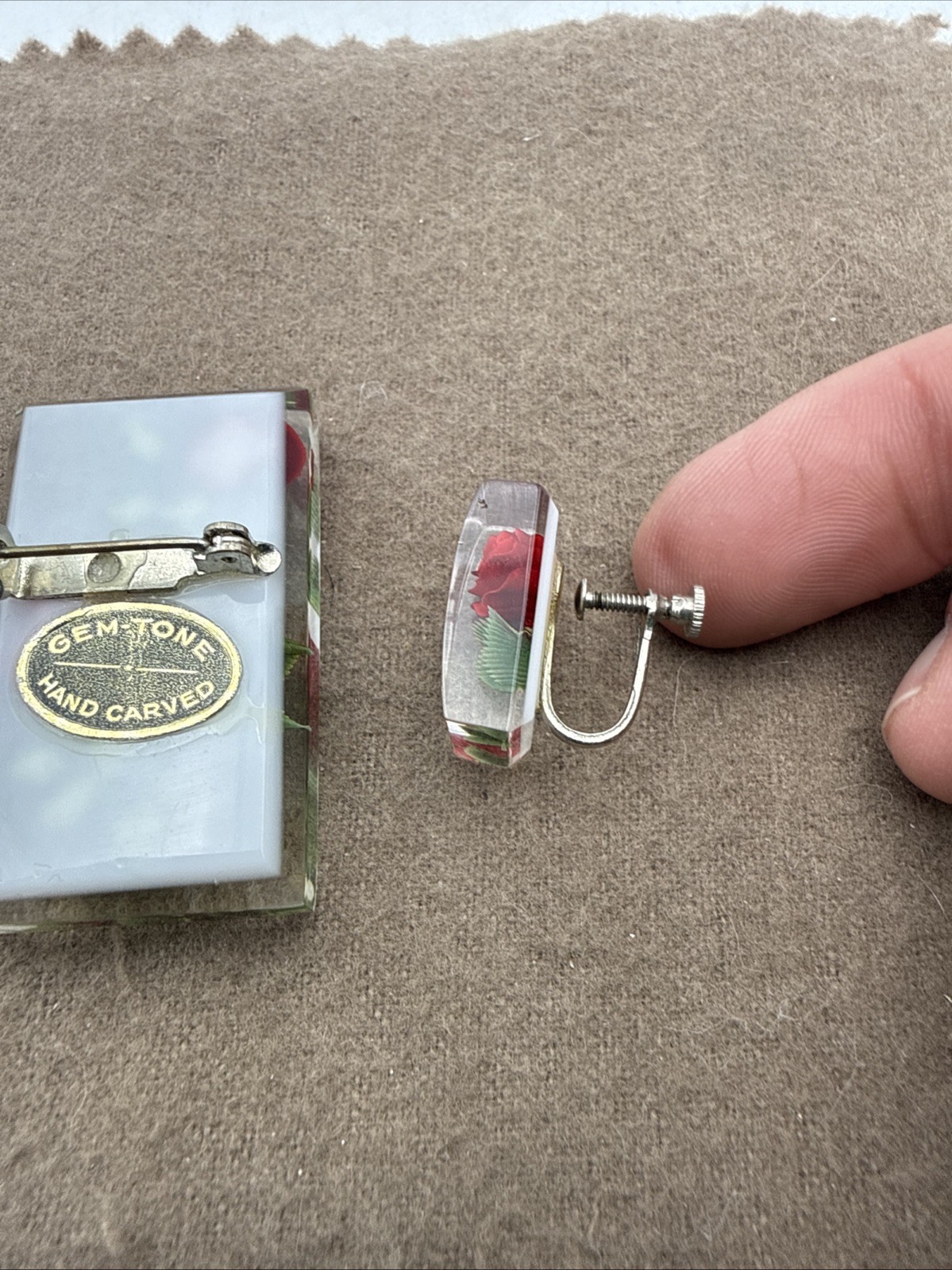 Vintage Lucite Encased Red Rose Green Leaves Screw Back Earrings & Brooch Set