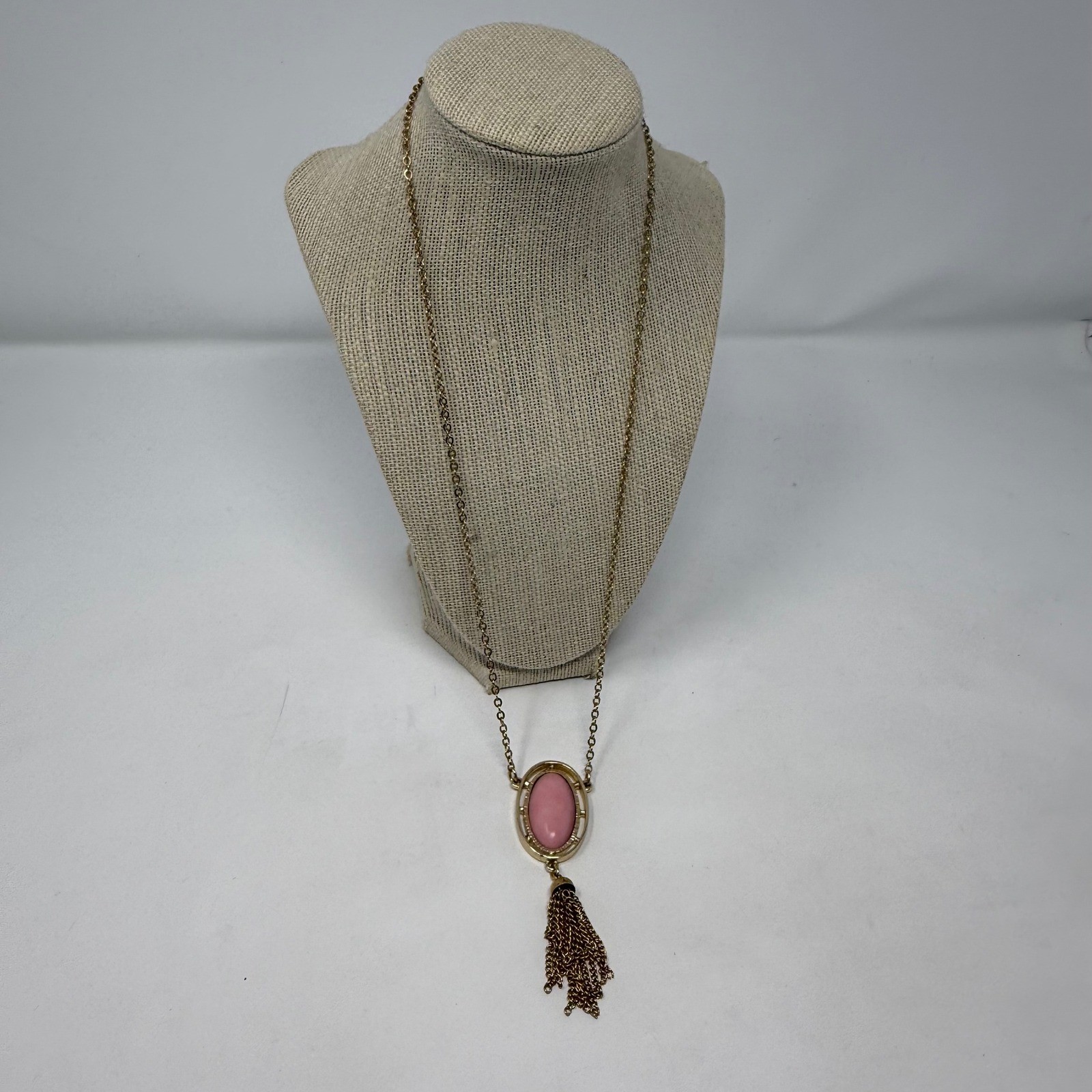 Sarah Coventry Vintage Gold Tone Pink Cabochon Tassel Pendant Long Necklace
