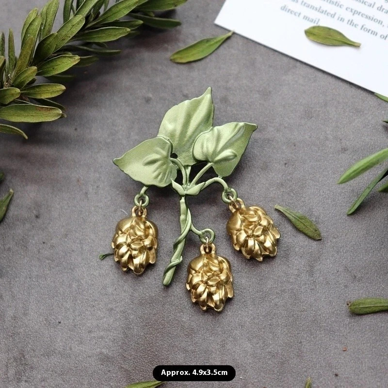 Green Plant Gold Flowers Brooch Stick Pin Leaf New Vintage Fashion