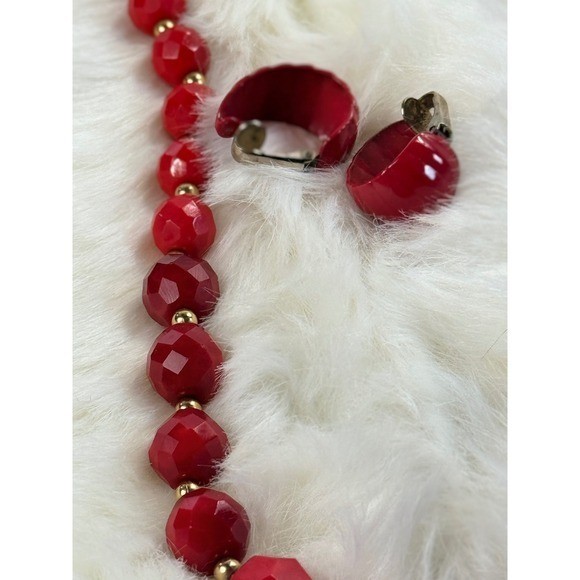 Vintage Red Faceted Bead Necklace and Matching Red Enamel Clip On Hoop Earrings