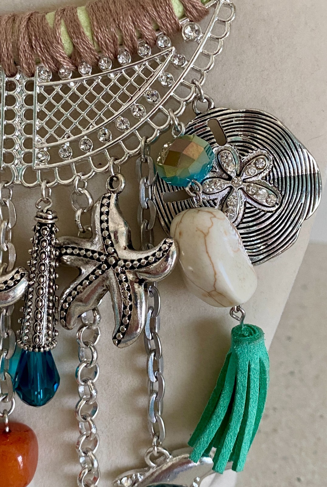 Boho Style Coastal Beach Statement Necklace Silver Tone Bib Bohemian Starfish