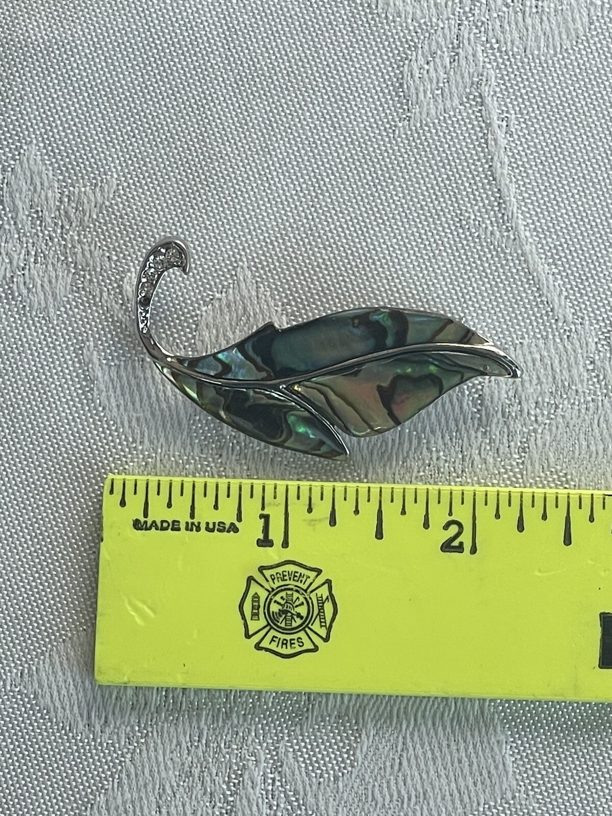 Vintage Abalone Shell Leaf Brooch Pin Clear Rhinestones Inlaid MCM Mermaidcore