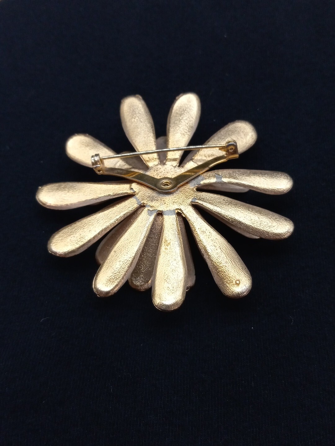 Mid-century GoldTone White Enamel Clear Pave crystals 3D Floral Design Brooch