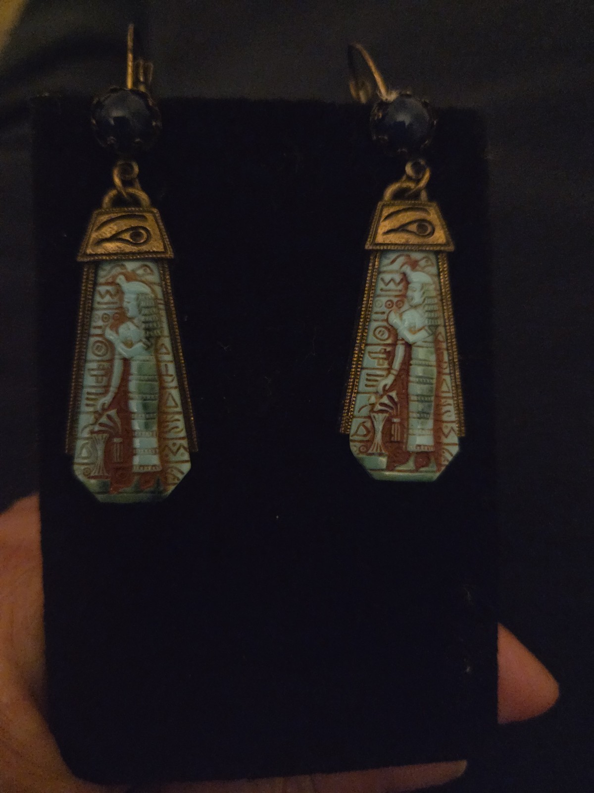 Vintage Sweet Romance Egyptian Revival Blue Goddess Glass Drop Earrings Eye…