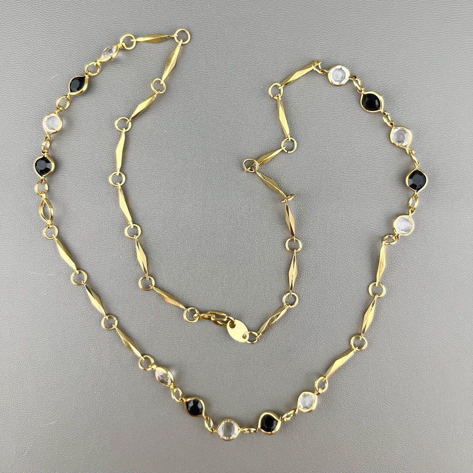 Vintage Chain Necklace Faceted Crystal Bezel Set Bar Link Gold Tone 23”