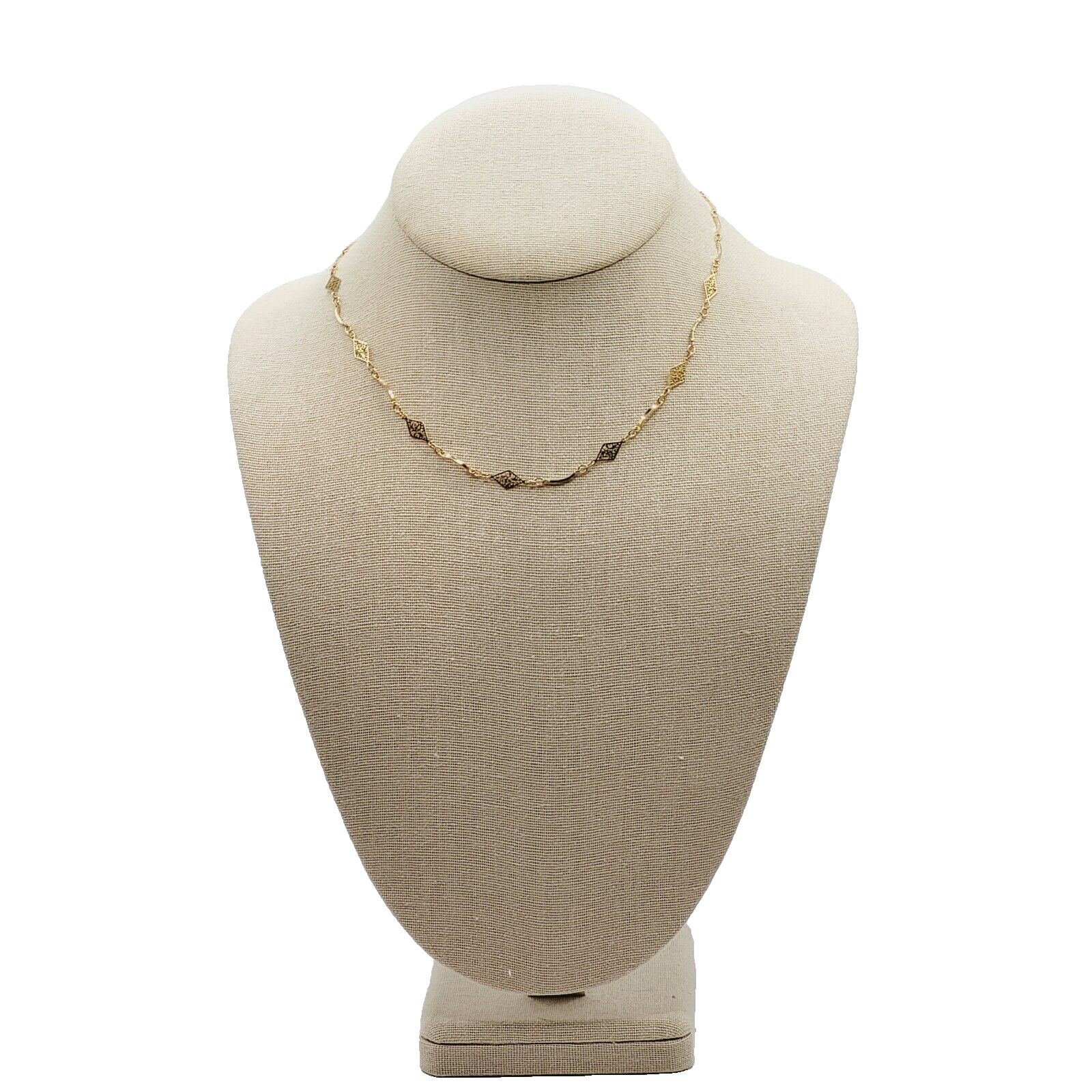 Filigree Marquise Shape Station Necklace Gold Tone Vintage Chain Choker 15.5 In