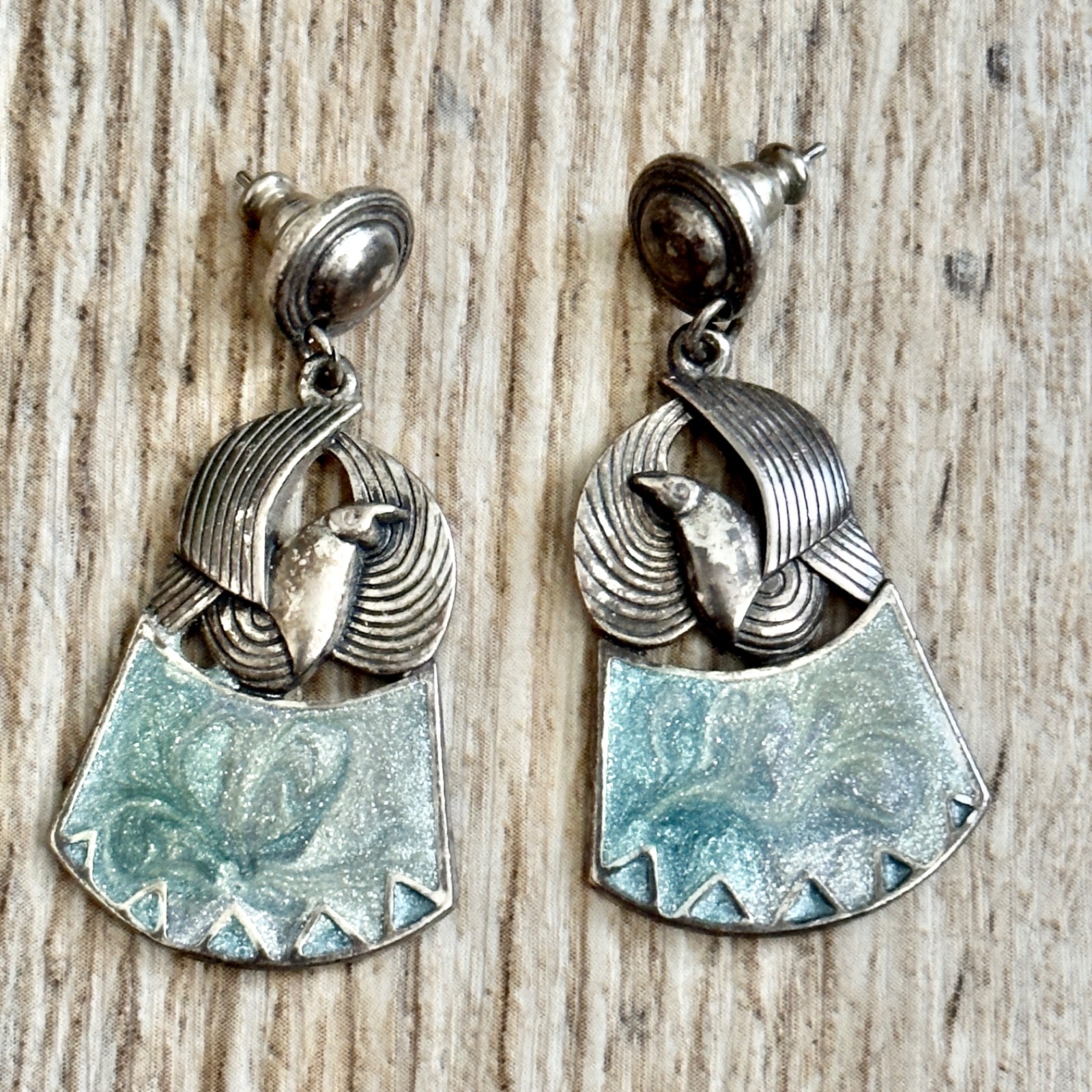Vintage Edgar Berebi Blue Enamel Bird Dove Silver Tone Dangle Pierced Earrings