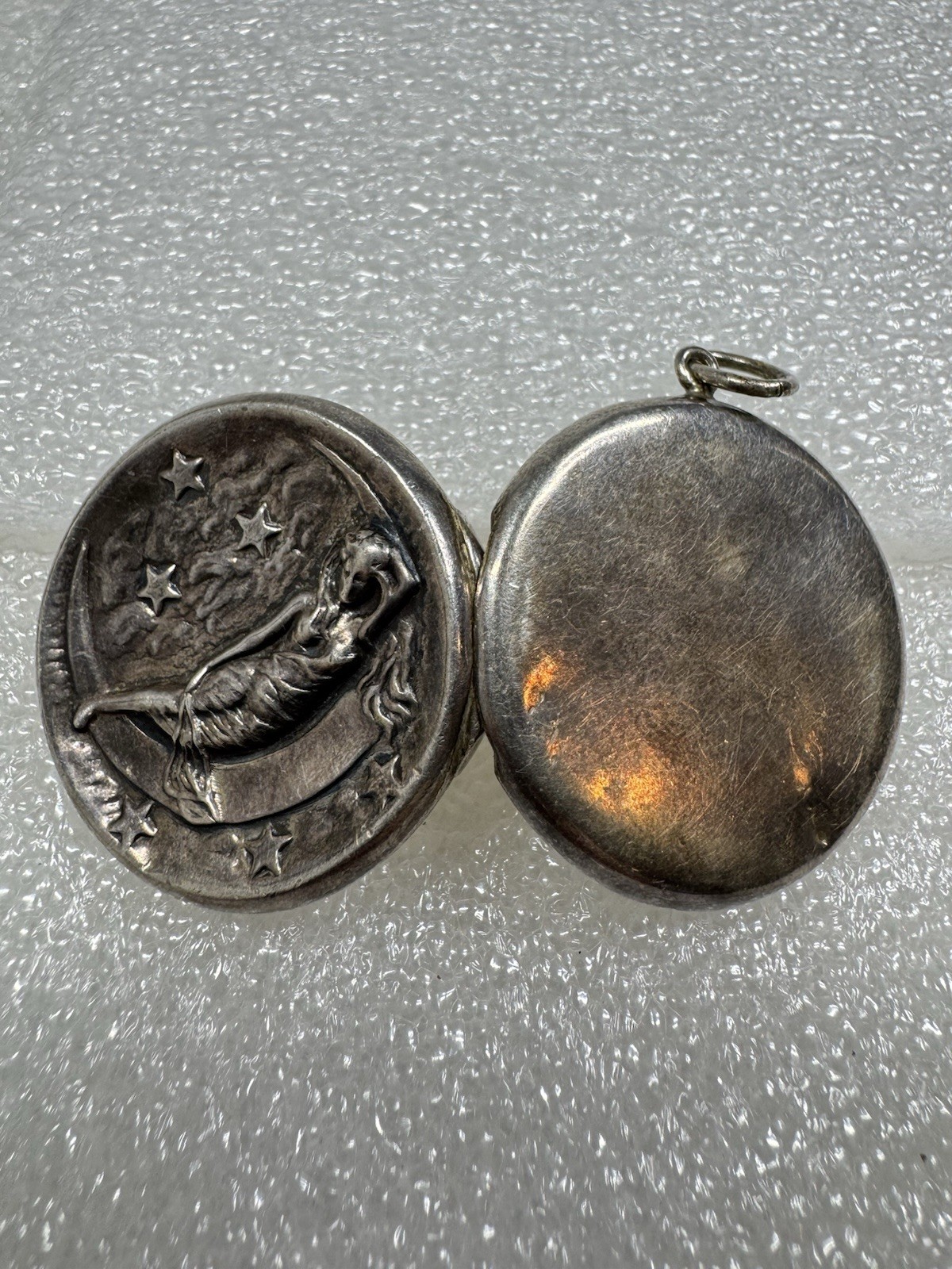 Antique Sterling Silver Art Nouveau Repousse Lady Crescent Moon & Stars Locket