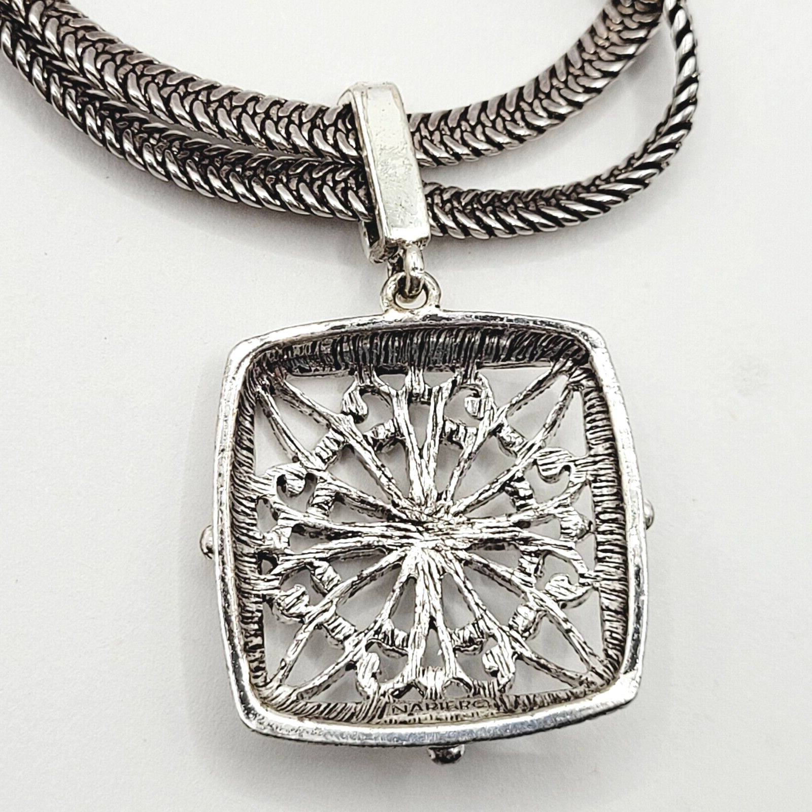 Napier Two Chain with Square Floral Filigree Ornate Silver Tone Pendant Necklace
