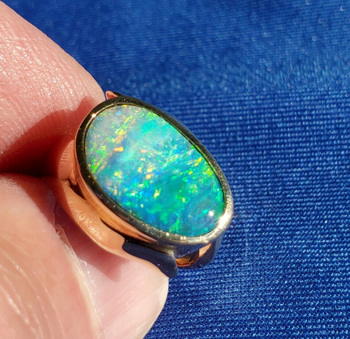 Original EARTH MINED Black OPAL Deco Ring Designer Hand made SOLID 14K GOLD 6.25
