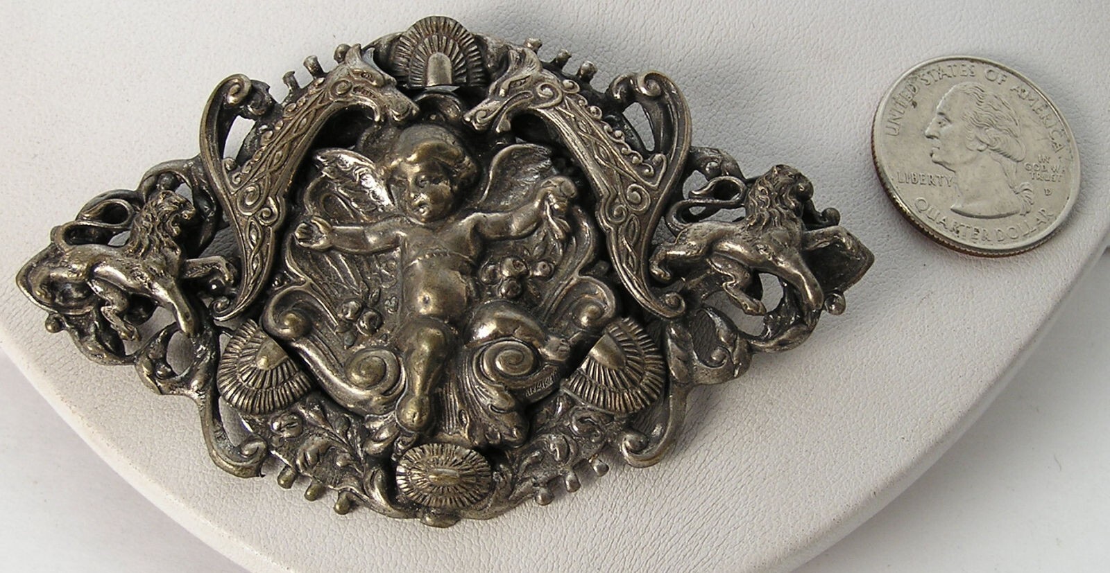 Vintage Coro Oxidized Silver Repousse Multi Layer Cherub Mythical Creatures Pin