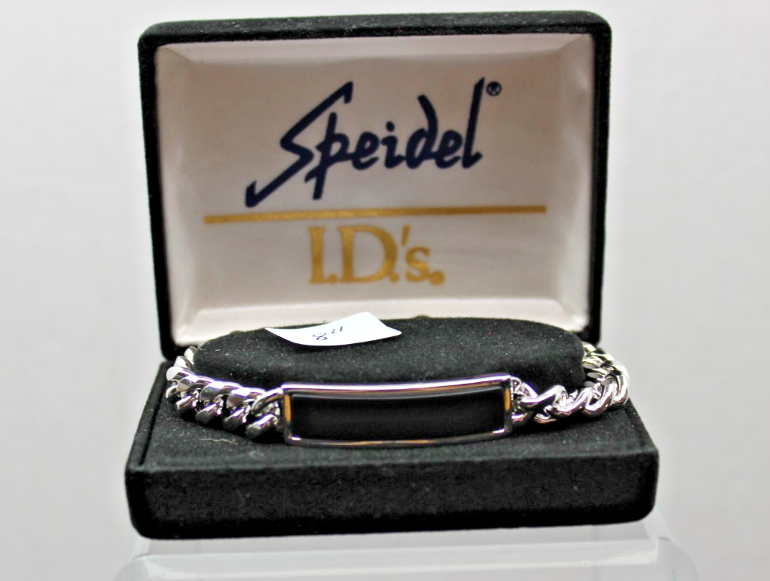 Speidel 2 tone Silver & Black 8″ ID Bracelet New Old Stock in Box Engravable