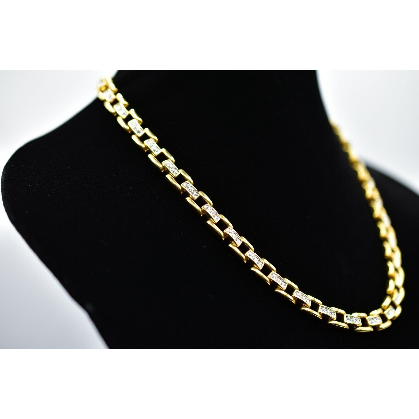 Vintage Crystal Linked Chain Collar Necklace Square Rhinestone 19.5″ 1980s Bin5