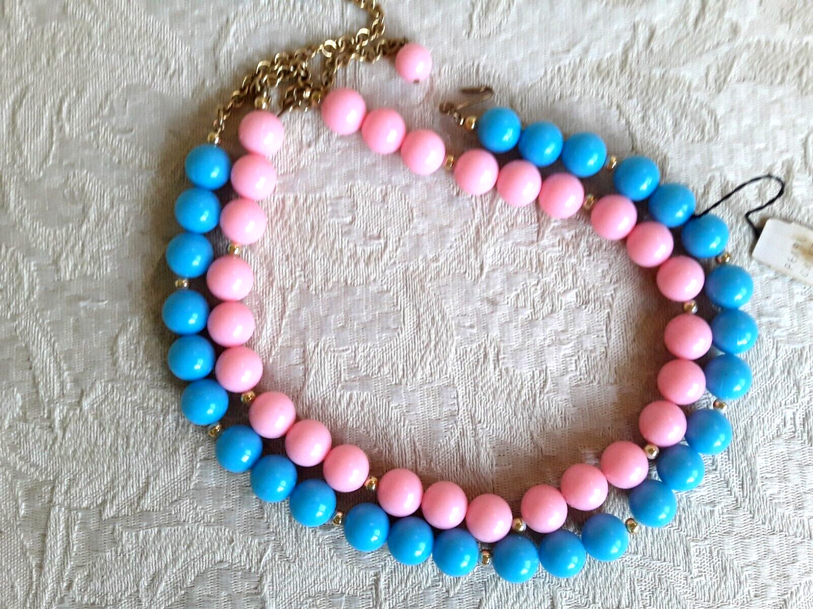 2 Vintage Pearlcraft 14” Beaded Necklaces Chokers Aqua Blue & Pink Retro NWT