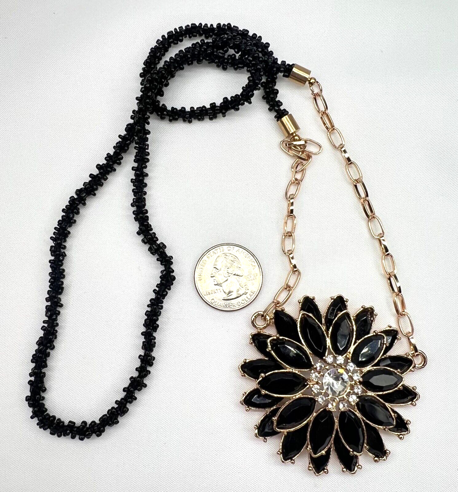 Statement Necklace Black Faceted Lucite and Clear Rhinestone Sunflower Gold-Tone