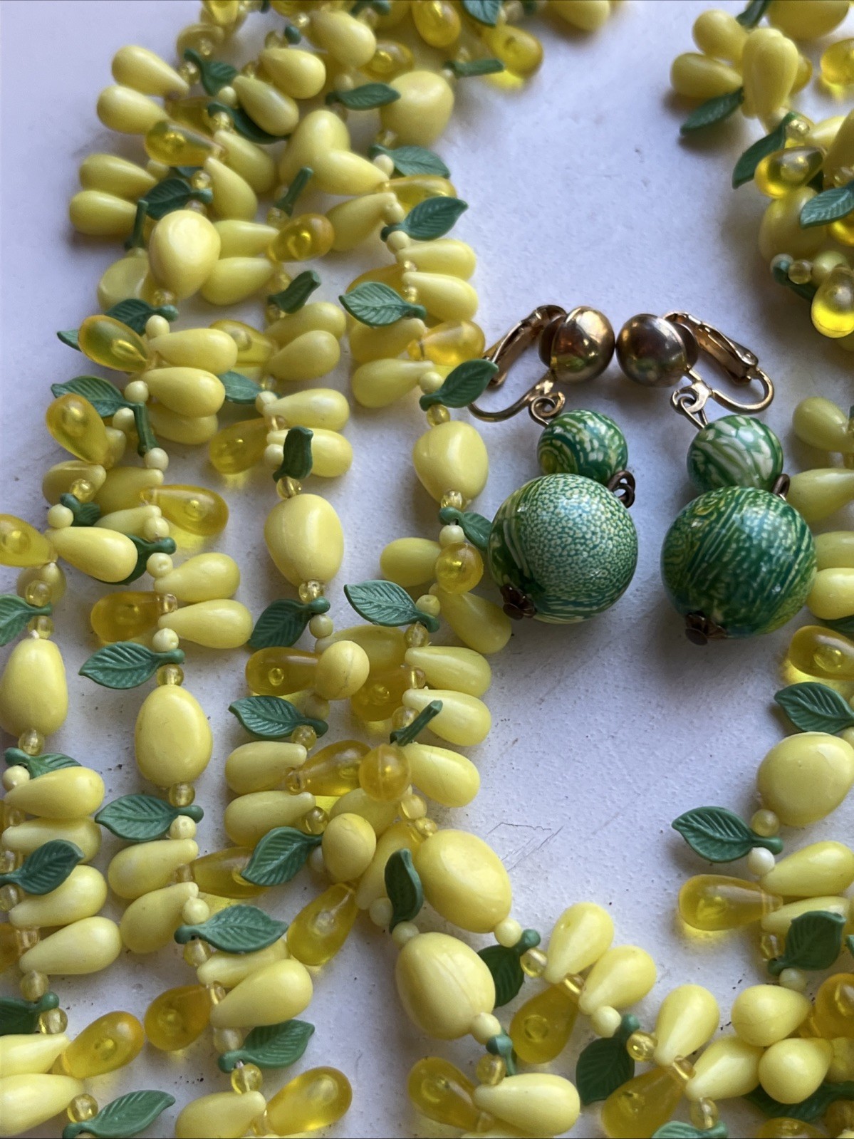 Vintage 2 Strand Tutti Fruity Lemon Necklace Czech Dangle Drop Clip Earrings Set