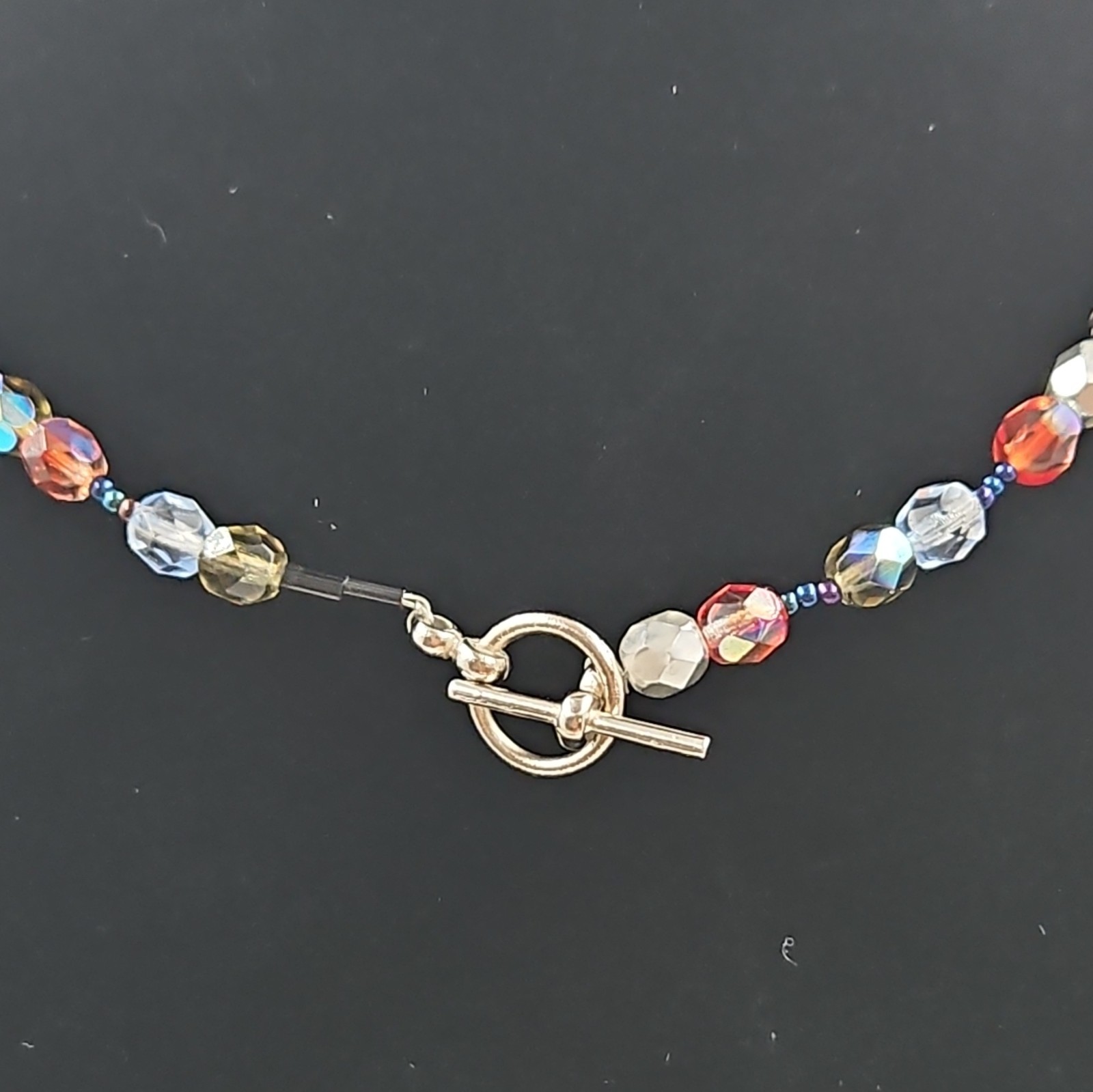 Artisan Glass Beaded Necklace Red Blue Clear Crystal Foil Beads Toggle Clasp VTG