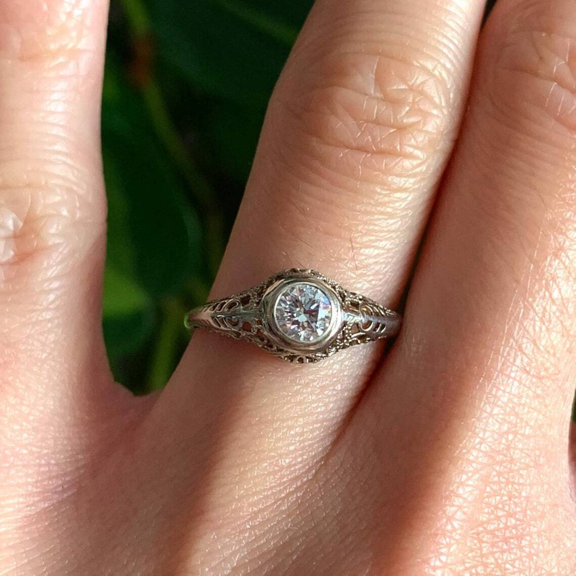 Filigree Solitaire Bezel Set Moissanite Vintage Retro Ring 935 Argentium Silver