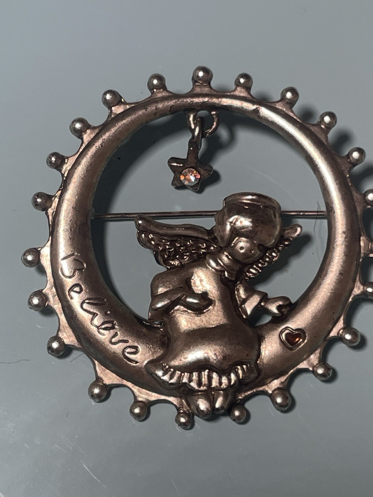 Danecraft Angel on Crescent Moon Brooch Vintage Silver Tone Rhinestone Star Sign