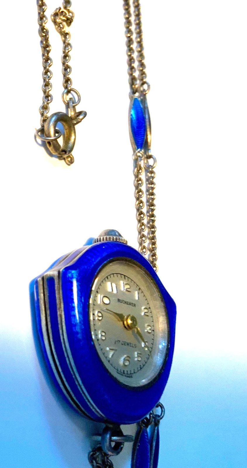 PRISTINE Enamel GUILLOCHE*925*BUCHERER*Pendant WATCH NECKLACE WORKS GREAT! MINT!