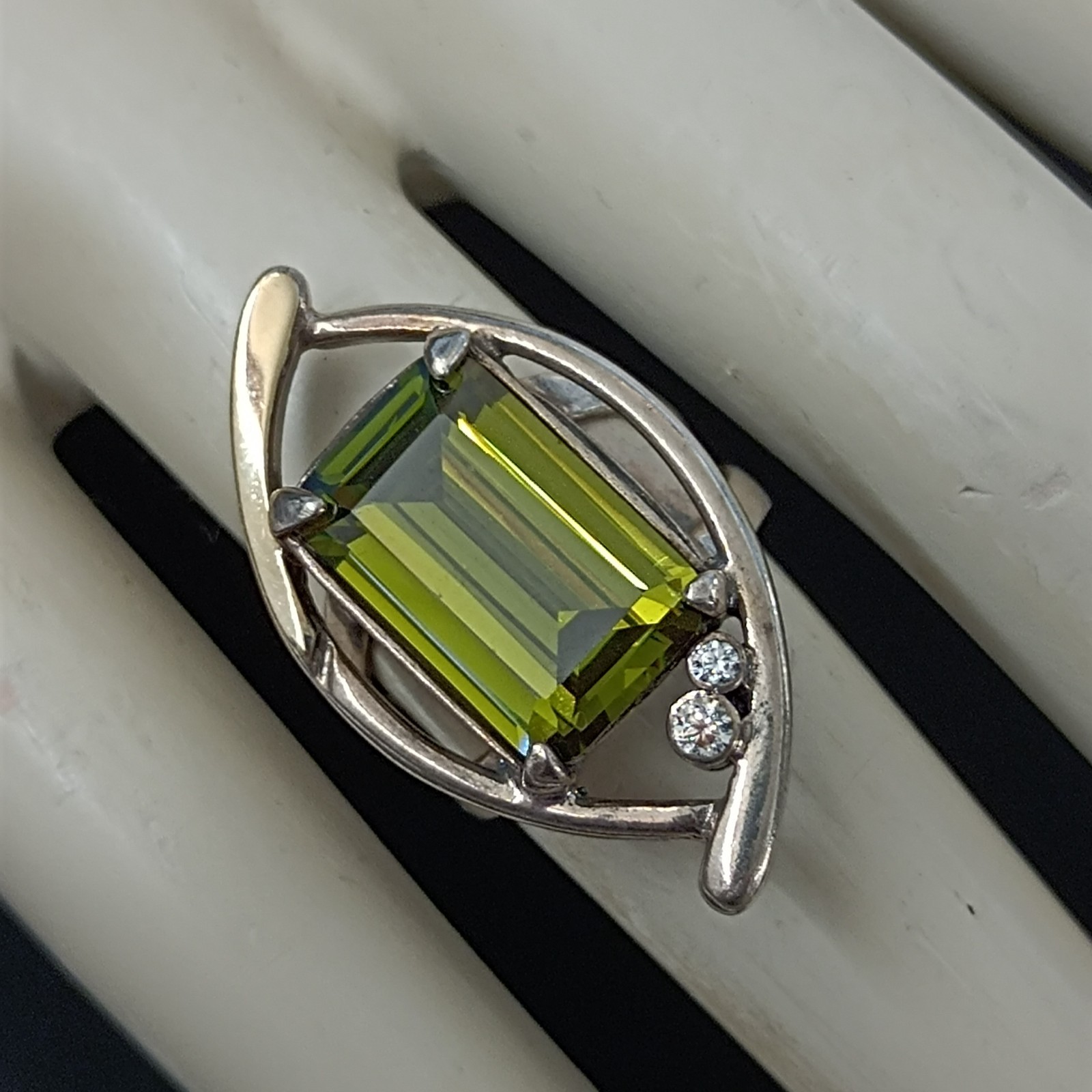 Modernist Statement Ring Sterling Silver Olive Green Stone Rolled Gold Cocktail
