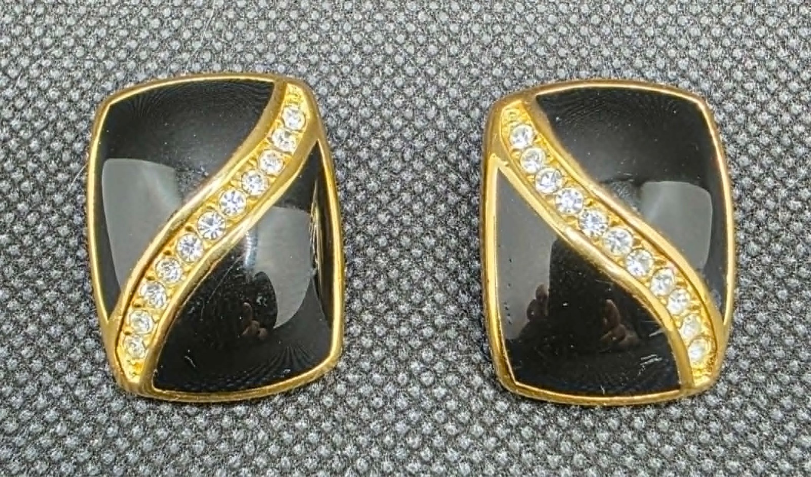 RARE! VTG Christian Dior Gold Tone Black Enamel Clear Rhinestone Earrings Signed