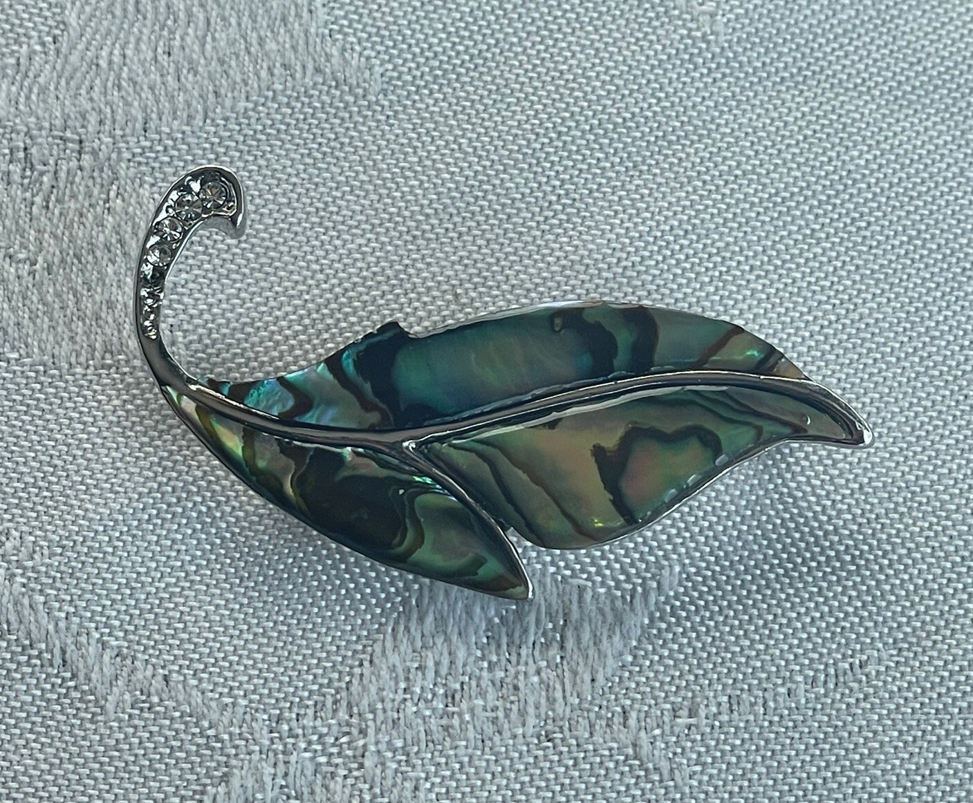 Vintage Abalone Shell Leaf Brooch Pin Clear Rhinestones Inlaid MCM Mermaidcore
