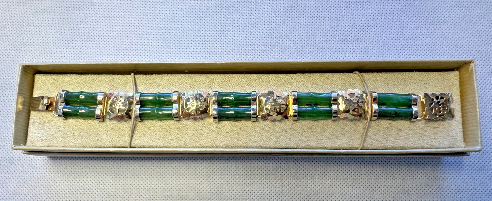 Vintage Chinese Nephrite Jade Bamboo Shape 5 Segment 10 Piece Bracelet With Box