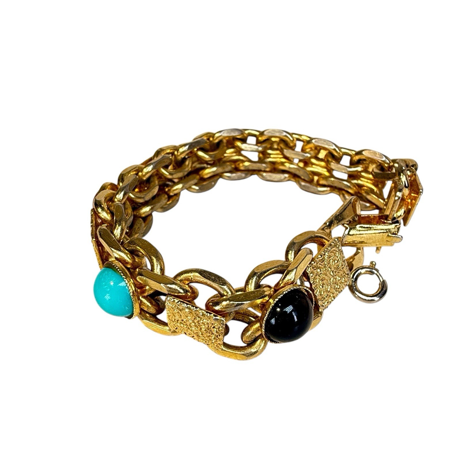 Vintage MCM Etruscan Revival Multi Color Cabochon Book Chain Bracelet 6.25″
