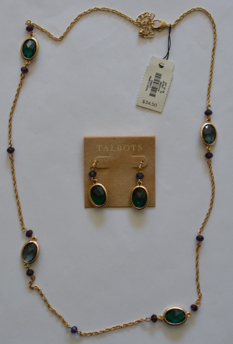 Talbots gold tone faceted green/gray oval accent necklace and earrings set w/tag