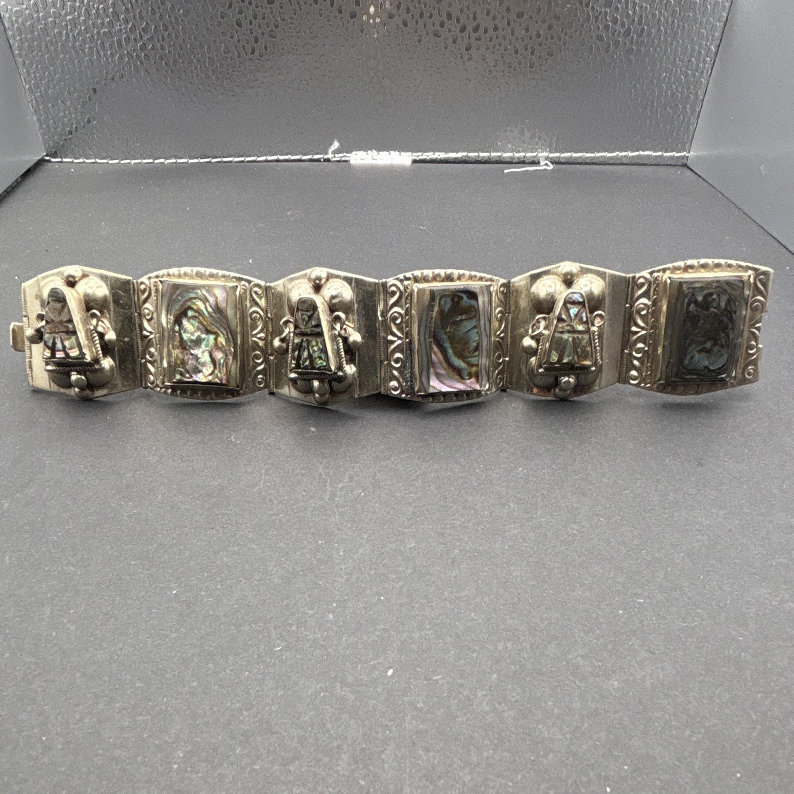 Mexico 925 Sterling Silver Abalone Inlay Panel Link Bracelet w/”Eagle & 3″ Stamp