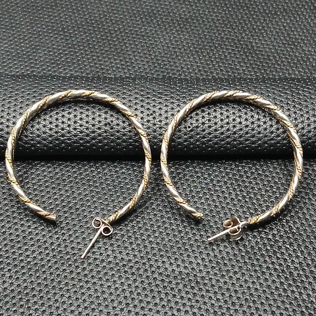 STERLING SILVER 925 Hoop Earrings Rrapped W/Gold Over Chain. 14.483