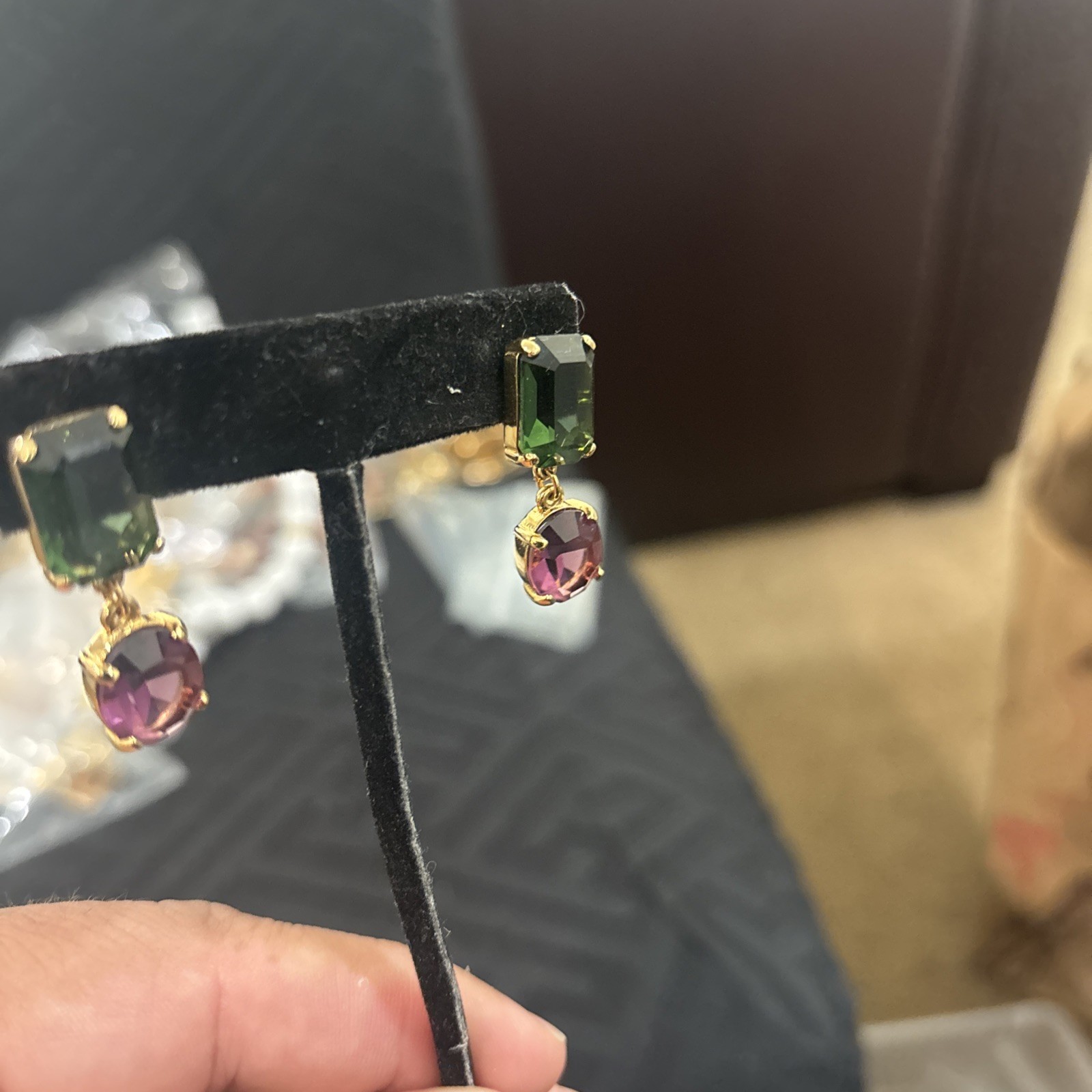 Swarovski Pierced Earrings Green & Purple Crystals Signed Dangle Fantastic