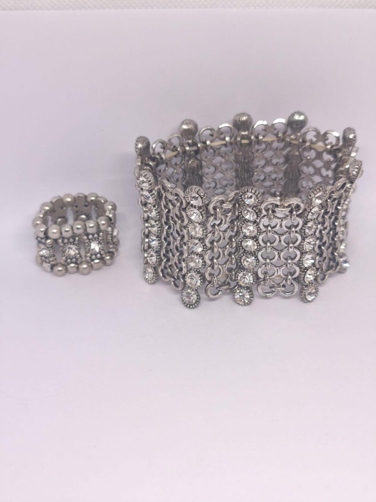 Vintage Wide Silver Tone Rhinestone Chain Link Cuff Bracelet Statement Jewelry