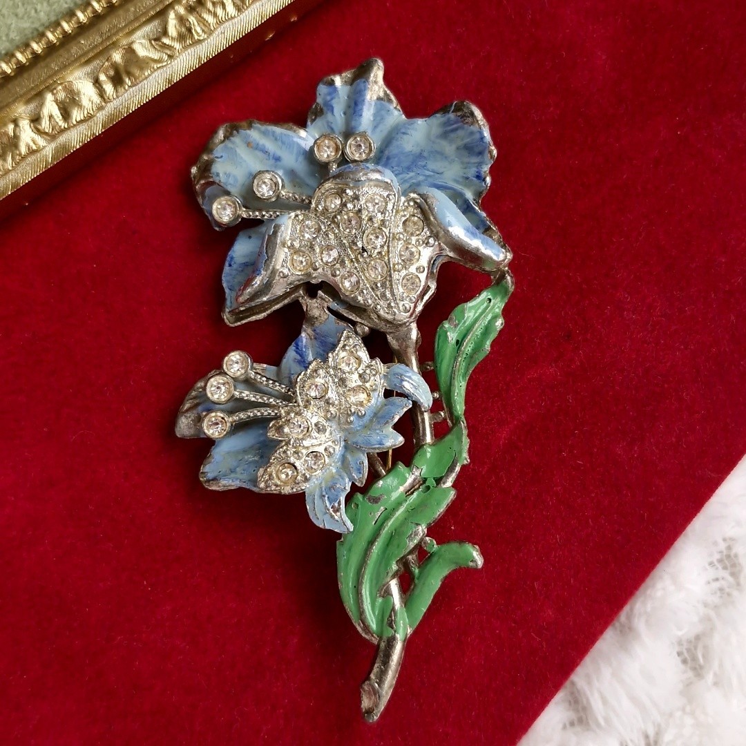 Vintage N.E. New England Glass Works Blue Enamel Flower Brooch Rhinestones 40s