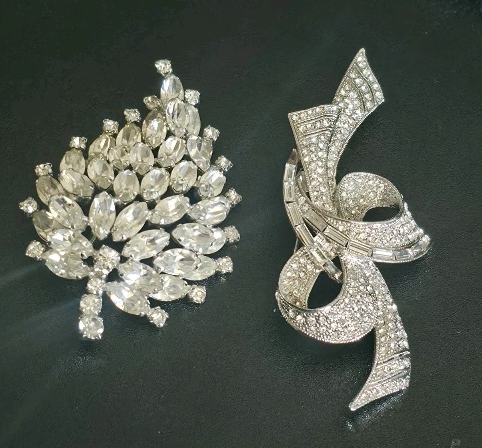 VTG 1950s Silver Tone Rhinestone Brooch Pin Lot Marquise Leaf Abstract Ribbon
