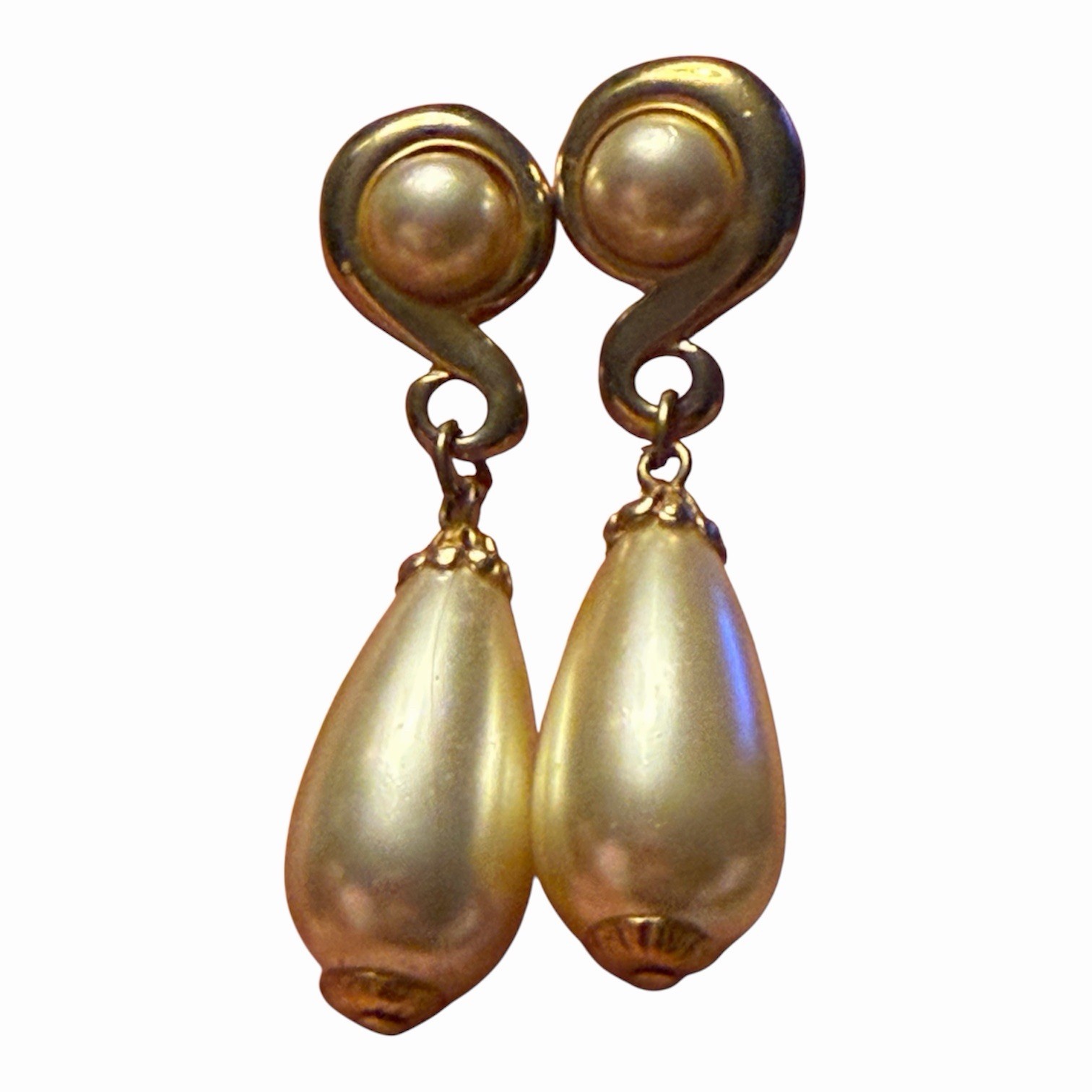 VTG Gold Tone Dangle Faux Pearls Earrings LOT 2 Pierced Lobe LIGHTWEIGHT READ 2″